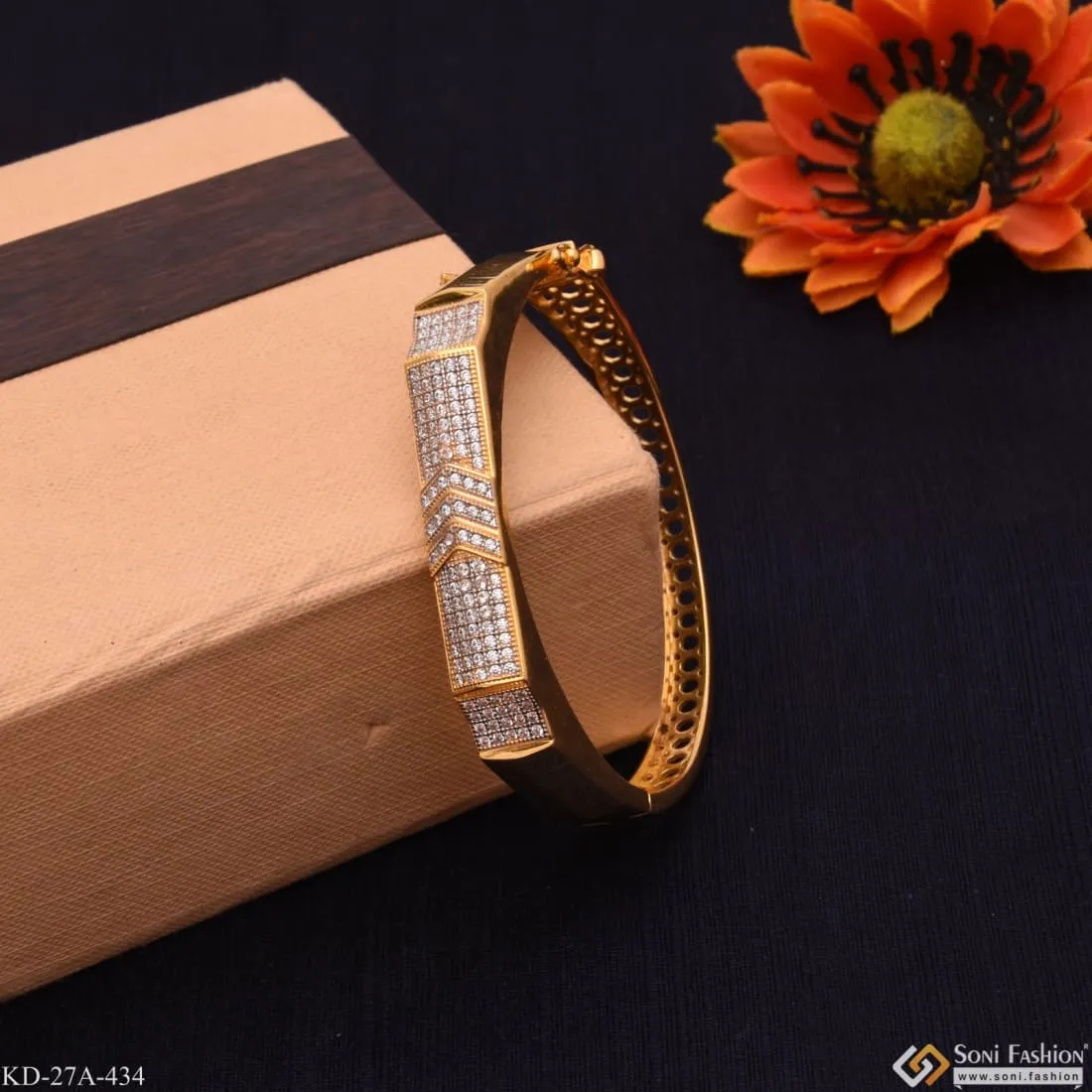 1 Gram Gold - Aerrow with Diamond Glamorous Design Gold Plated Kada - Style A434