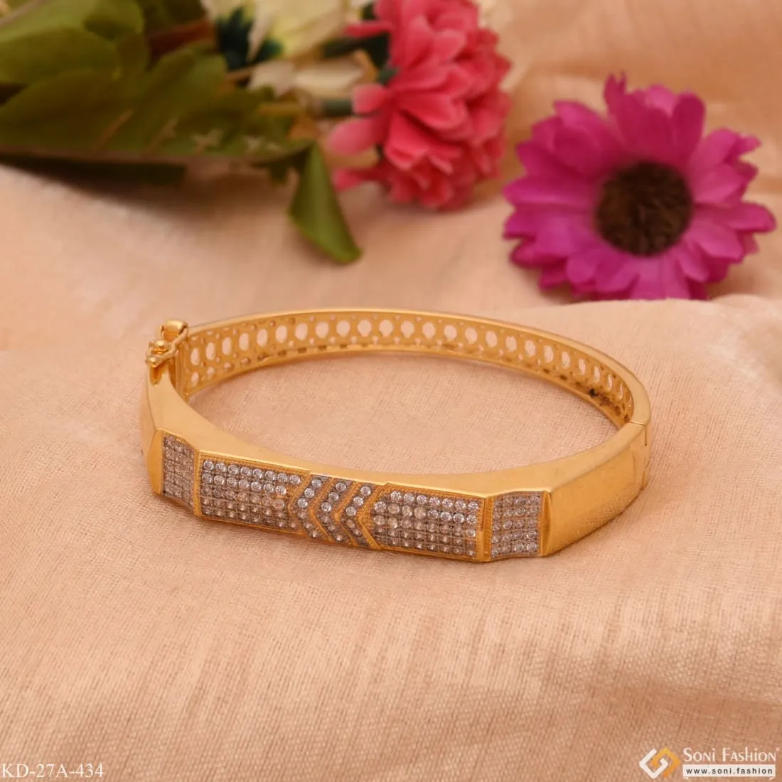 1 Gram Gold - Aerrow with Diamond Glamorous Design Gold Plated Kada - Style A434