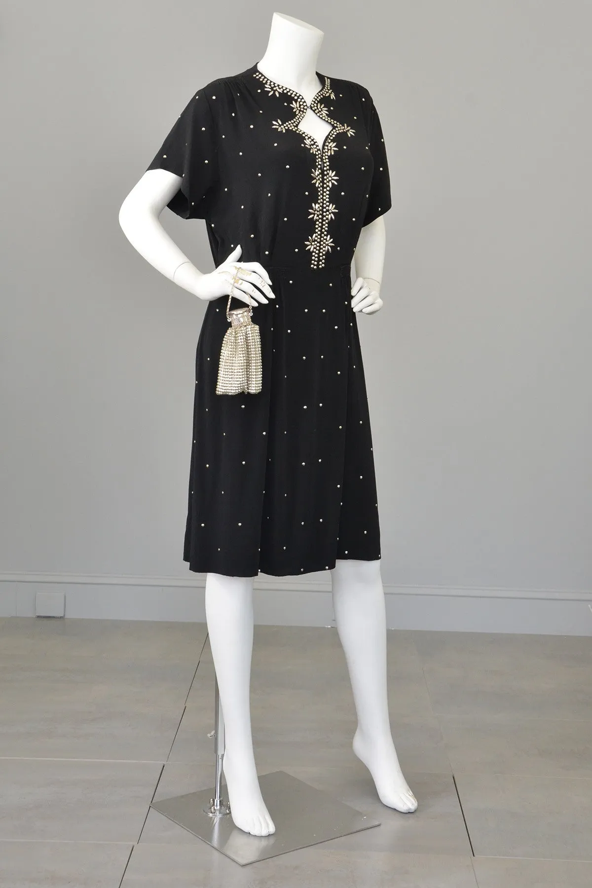 1930s 40s Studded Black Crepe Keyhole Neckline Vintage Dress,  Size L