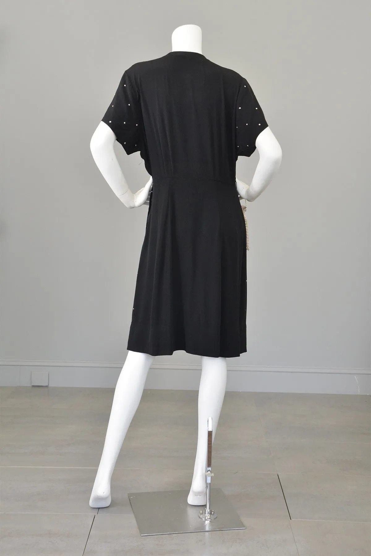 1930s 40s Studded Black Crepe Keyhole Neckline Vintage Dress,  Size L