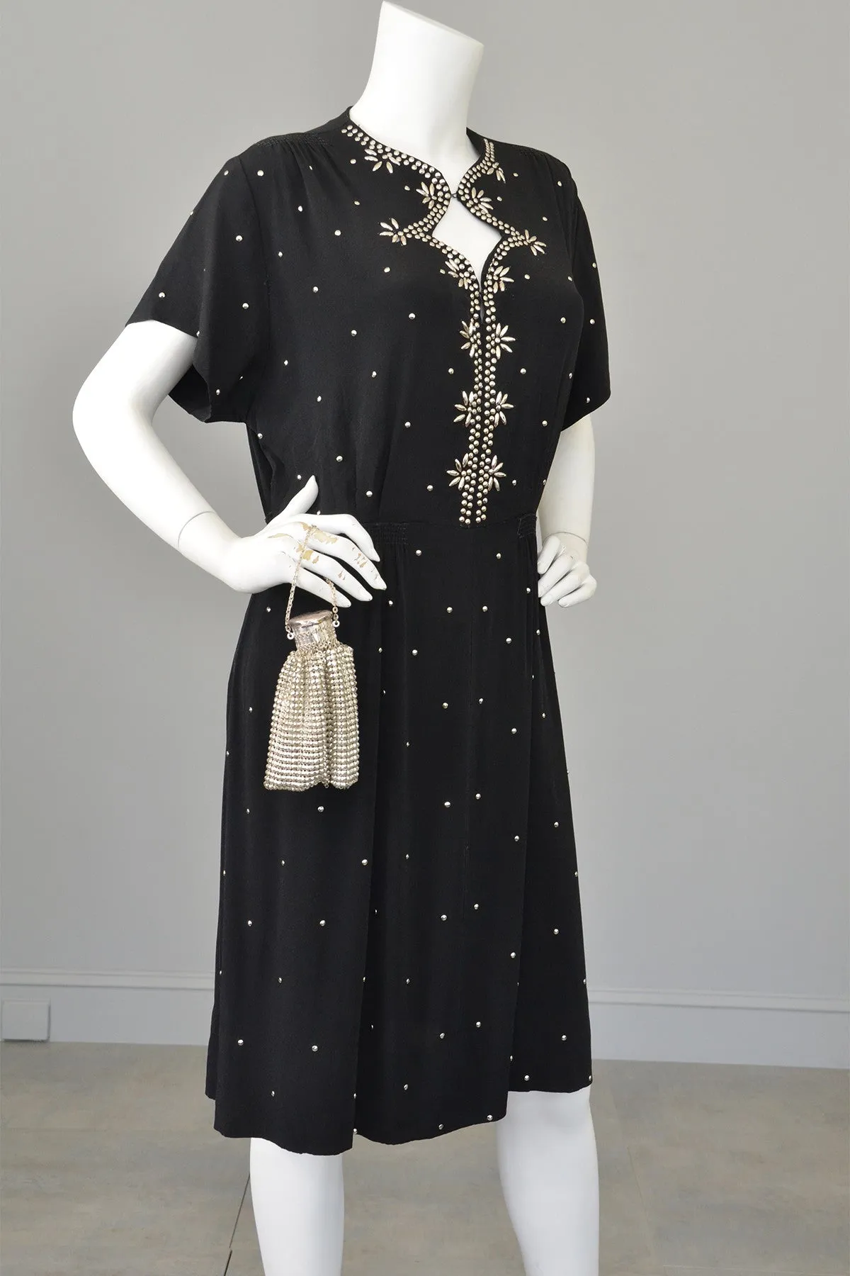 1930s 40s Studded Black Crepe Keyhole Neckline Vintage Dress,  Size L