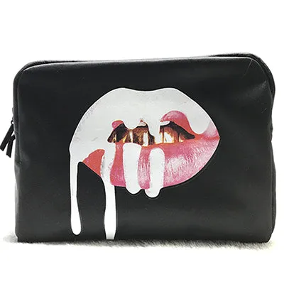 2017 Fashion Bling Bling Silver Lip PU Leather Toiletries Bag Zipper Storage Pouch Portable Women Travel Cosmetic Bag Kosmetikum