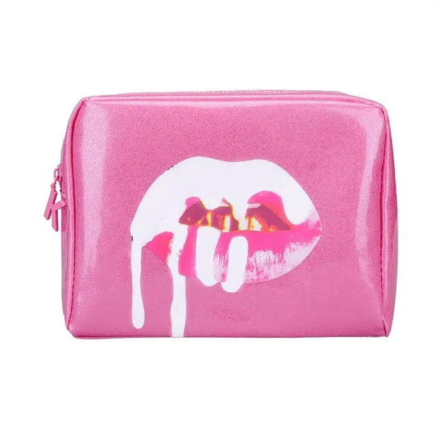 2017 Fashion Bling Bling Silver Lip PU Leather Toiletries Bag Zipper Storage Pouch Portable Women Travel Cosmetic Bag Kosmetikum