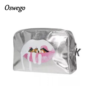 2017 Fashion Bling Bling Silver Lip PU Leather Toiletries Bag Zipper Storage Pouch Portable Women Travel Cosmetic Bag Kosmetikum