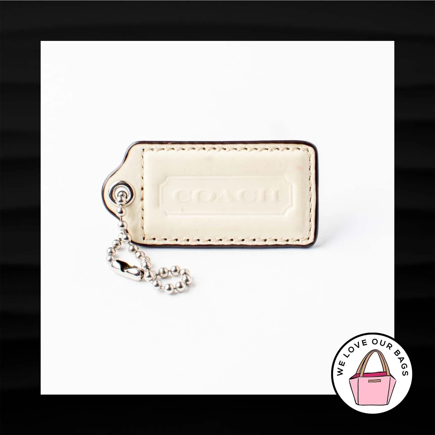 2.5" Large COACH WHITE IVORY PATENT LEATHER KEY FOB BAG CHARM KEYCHAIN HANGTAG TAG