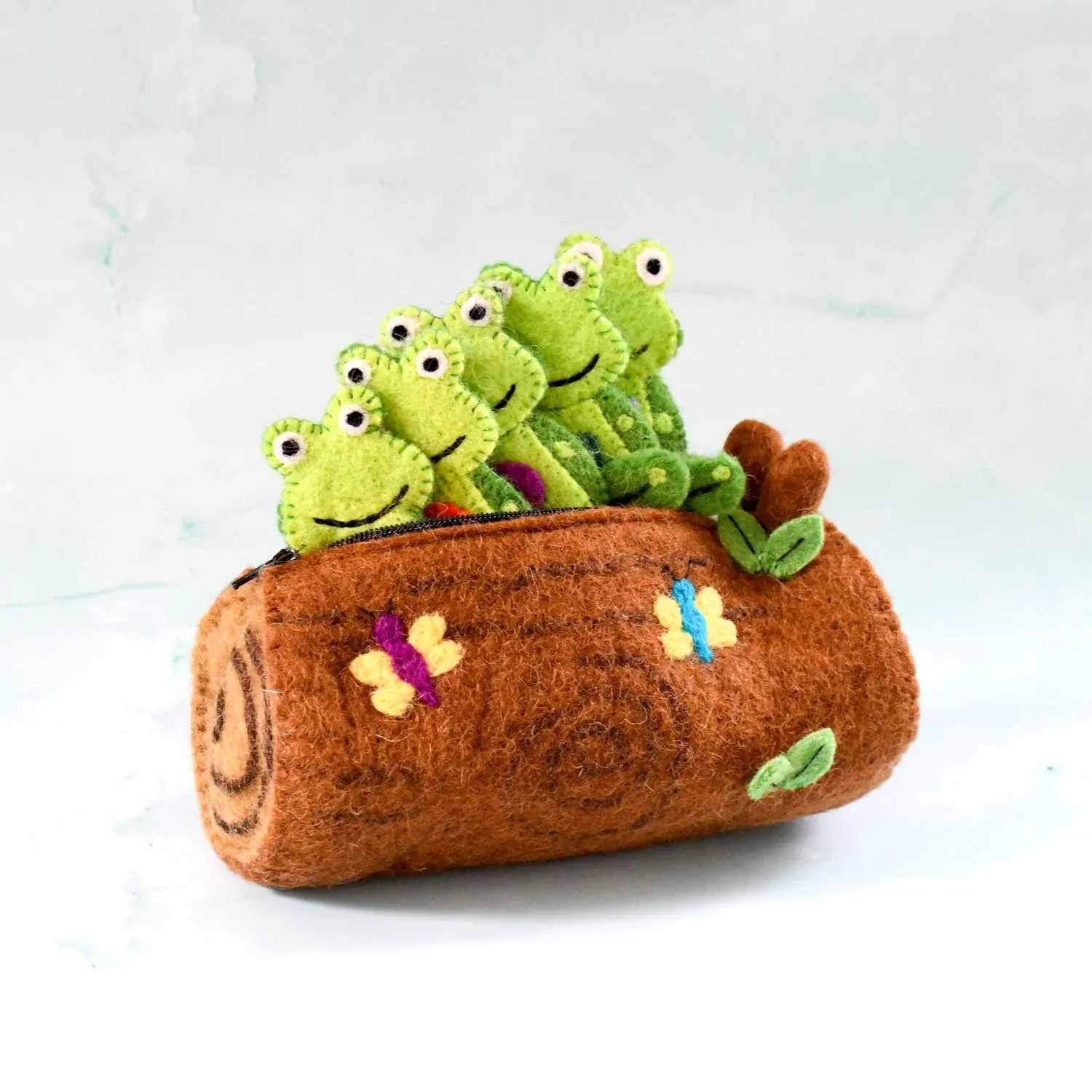 5 Little Speckled Frogs with Log Bag Felt Finger Puppet Set