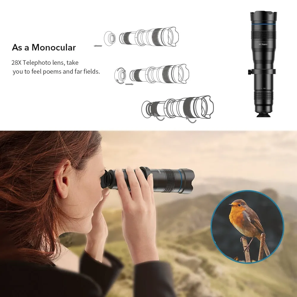 APEXEL Pro HD 28X metal telescope lens Phone Camera lense monocular with mini selfie tripod for iPhone 78 Xiaomi all Smartphone