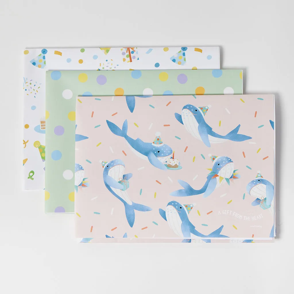 Birthday Party Whale Wrapping Paper Sheets Set of 3