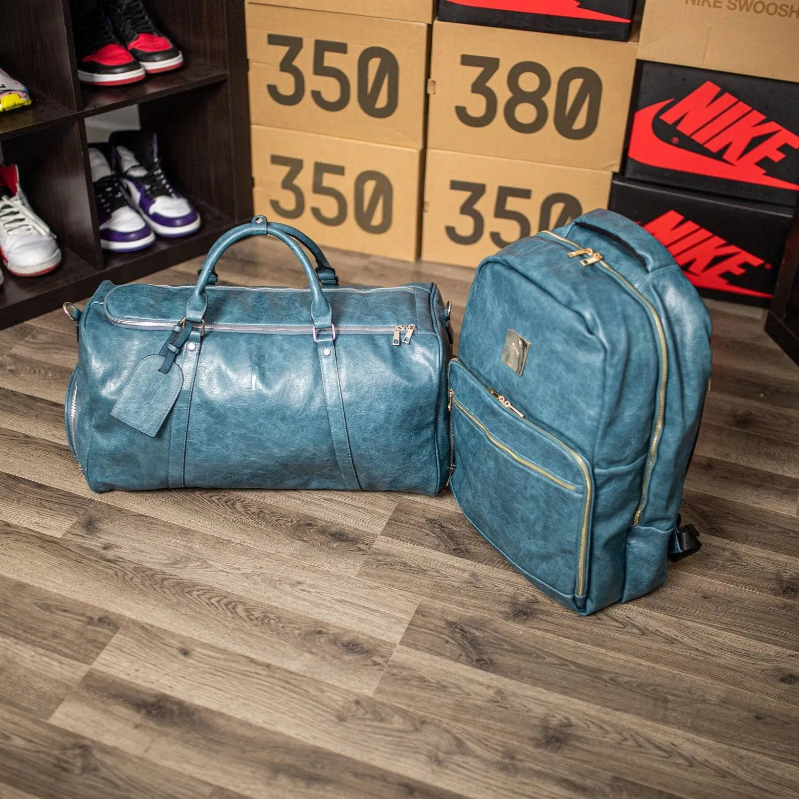 Blue Tumbled Leather 2 Bag Set (Commuter and Duffle)