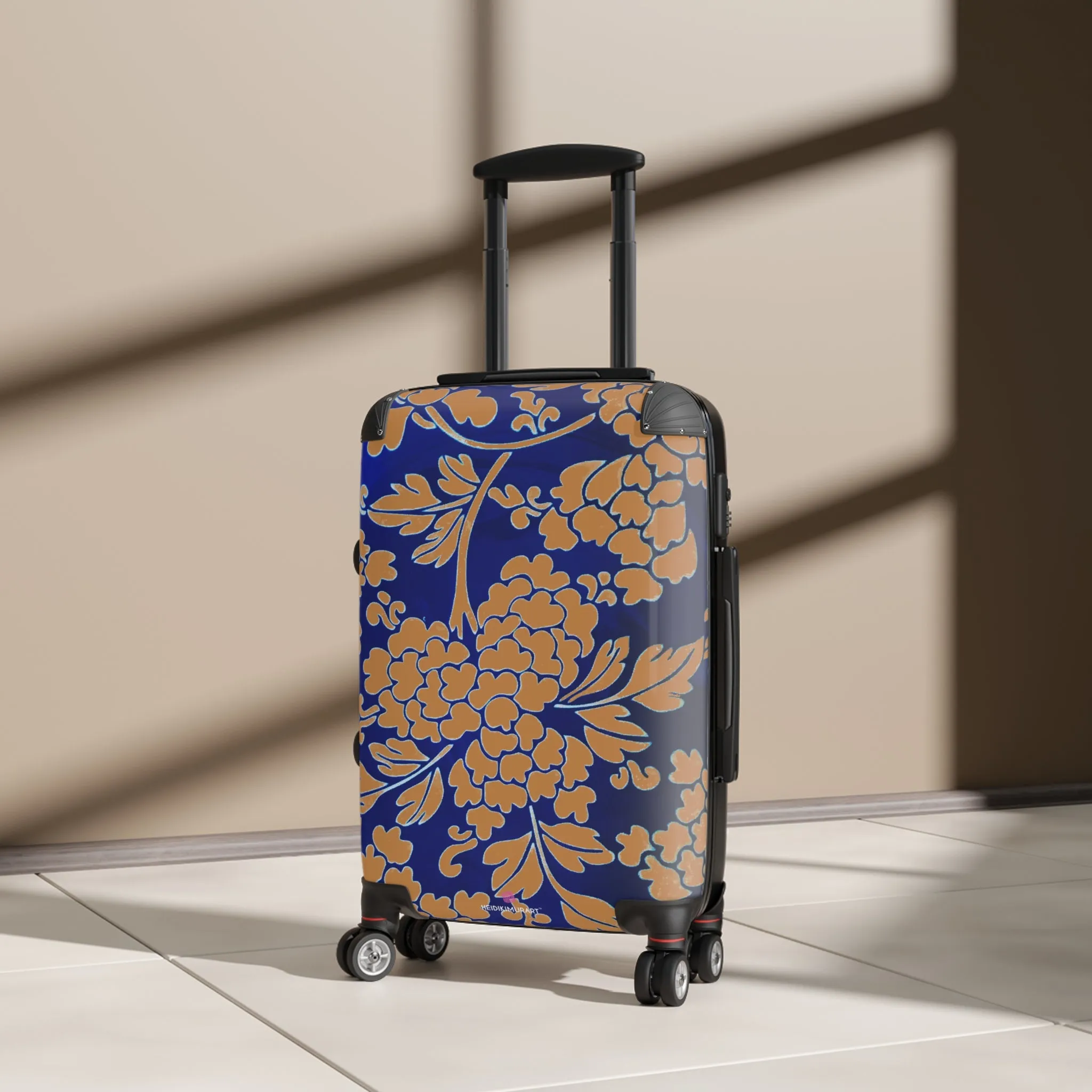 Brown Blue Floral Print Suitcase, Abstract Oriental Style Floral Print Designer Suitcases, Travel Bag Suitcases (Small, Medium, Large)