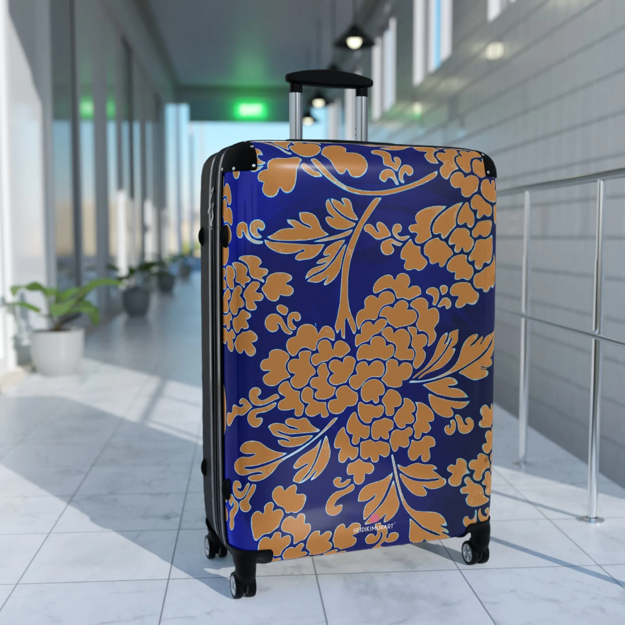 Brown Blue Floral Print Suitcase, Abstract Oriental Style Floral Print Designer Suitcases, Travel Bag Suitcases (Small, Medium, Large)