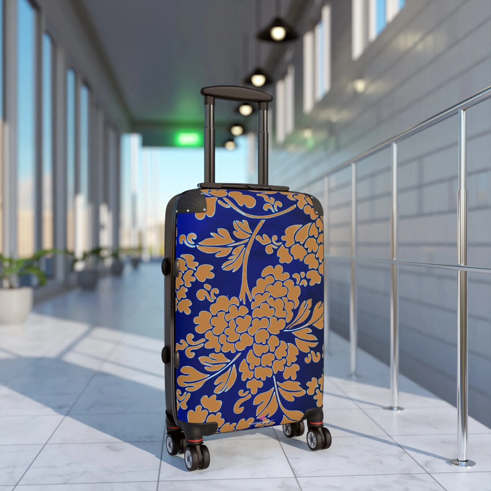 Brown Blue Floral Print Suitcase, Abstract Oriental Style Floral Print Designer Suitcases, Travel Bag Suitcases (Small, Medium, Large)