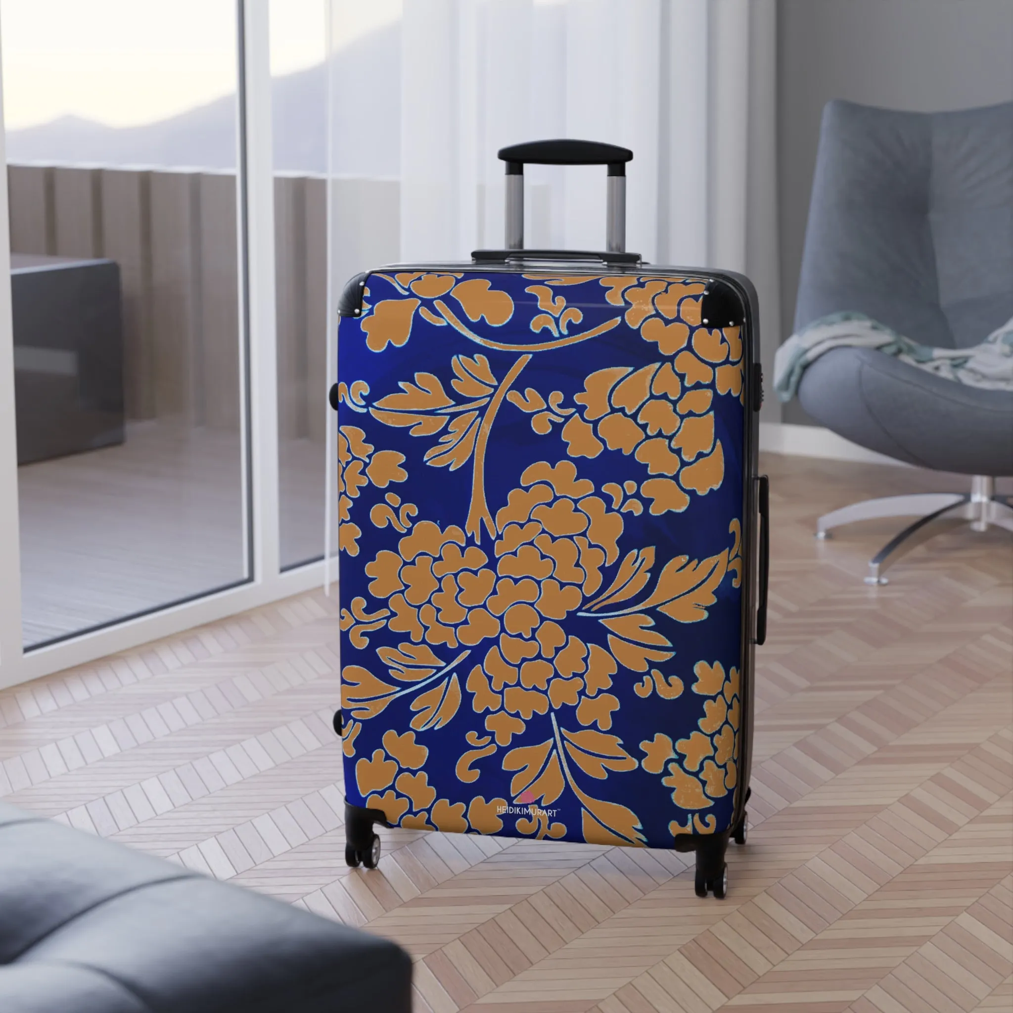 Brown Blue Floral Print Suitcase, Abstract Oriental Style Floral Print Designer Suitcases, Travel Bag Suitcases (Small, Medium, Large)