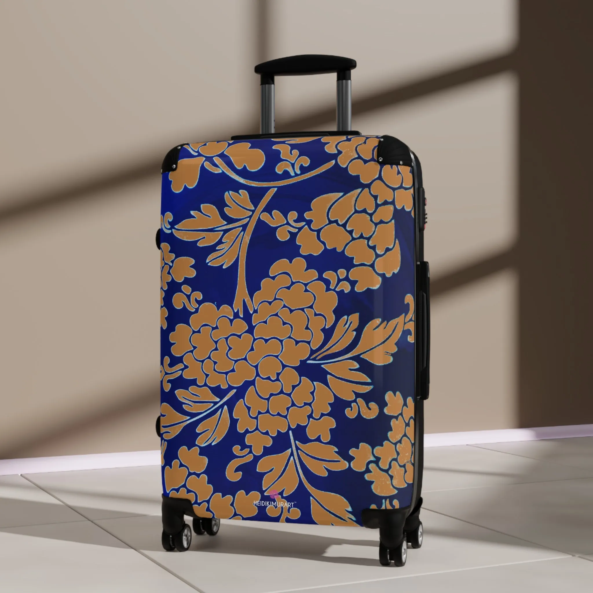 Brown Blue Floral Print Suitcase, Abstract Oriental Style Floral Print Designer Suitcases, Travel Bag Suitcases (Small, Medium, Large)