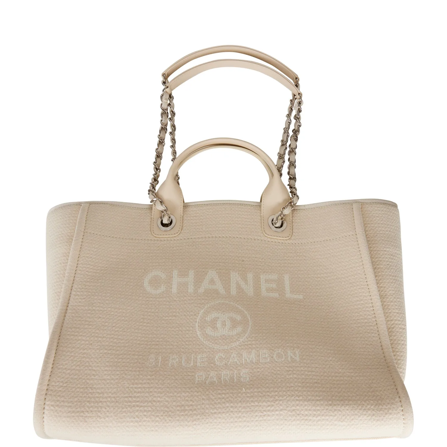 Chanel Large Deauville Shopping Bag White Boucle Silver Hardware