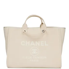 Chanel Large Deauville Shopping Bag White Boucle Silver Hardware