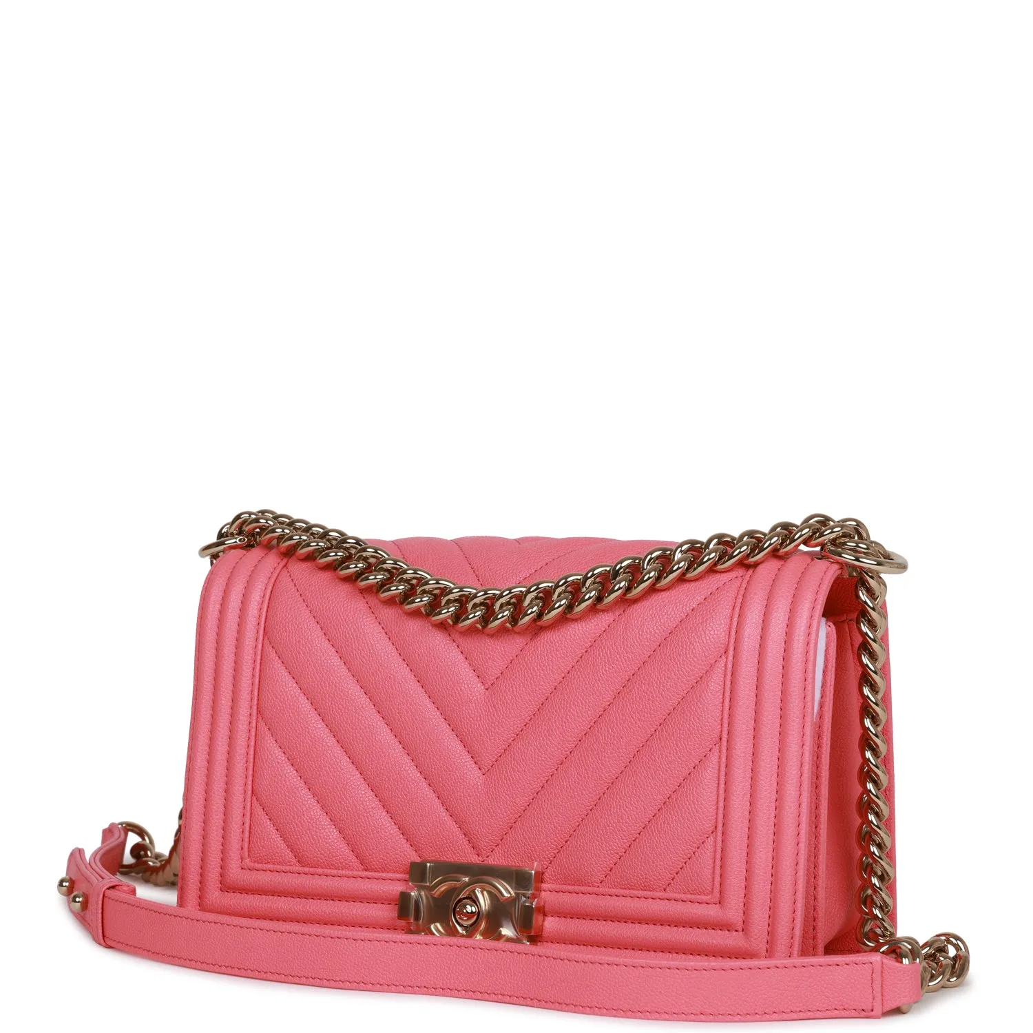 Chanel Medium Boy Bag Pink Chevron Caviar Light Gold Hardware