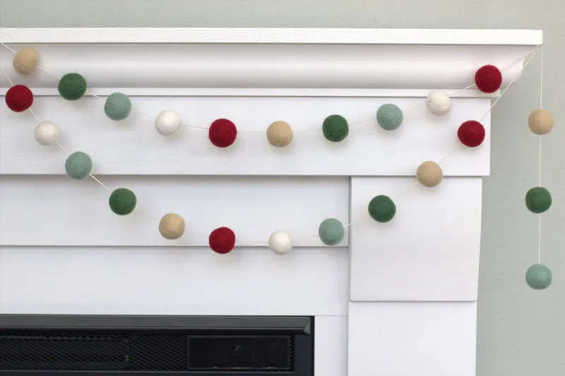 Christmas Felt Ball Garland- Burgundy, Forest, Teal, Almond, White