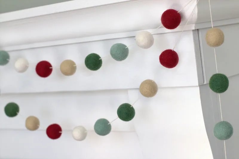 Christmas Felt Ball Garland- Burgundy, Forest, Teal, Almond, White