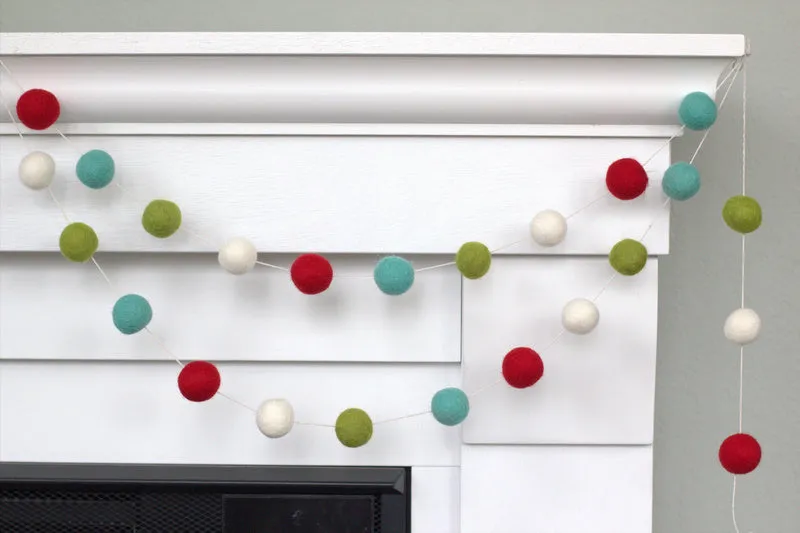 Christmas Felt Ball Garland- Red, Turquoise, Lime, White