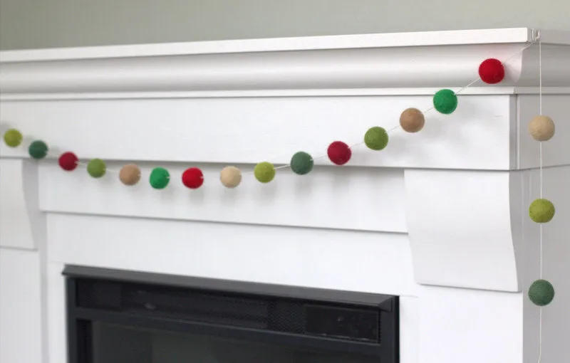 Christmas Felt Ball Garland- Shades of Green, Red, Tan