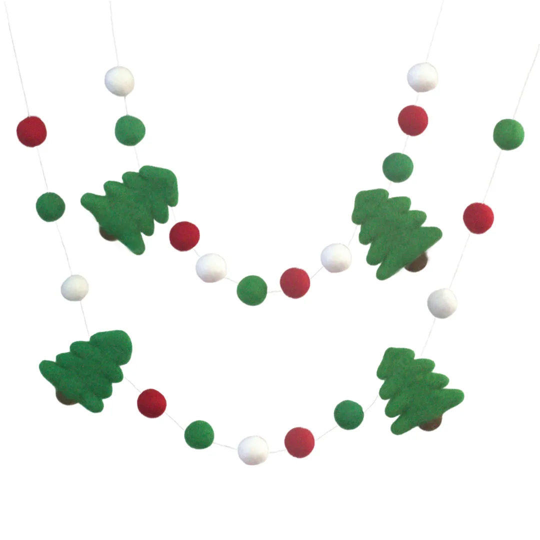 Christmas Tree Felt Garland- Red, Kelly Green, White