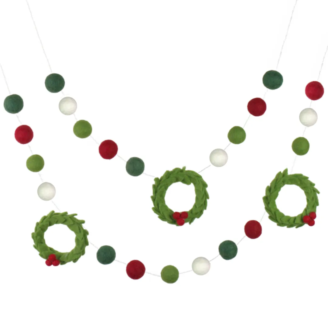 Christmas Wreath Felt Garland- Red, Shades of Green, White