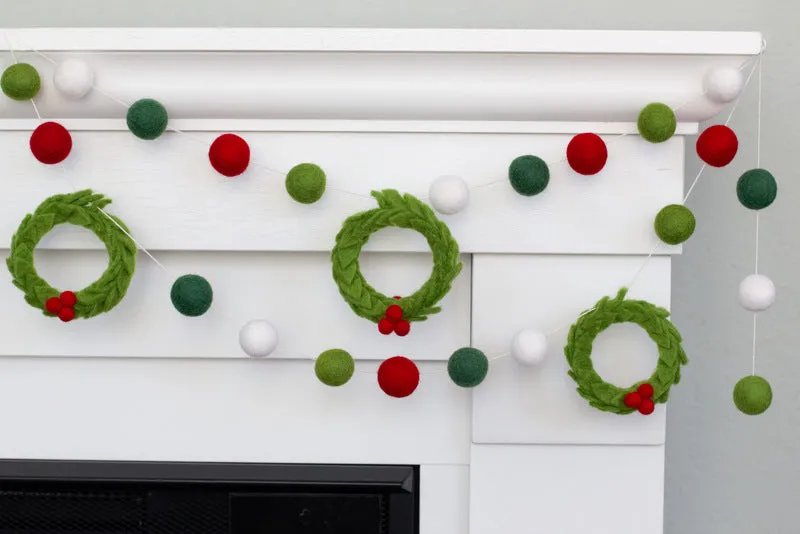 Christmas Wreath Felt Garland- Red, Shades of Green, White