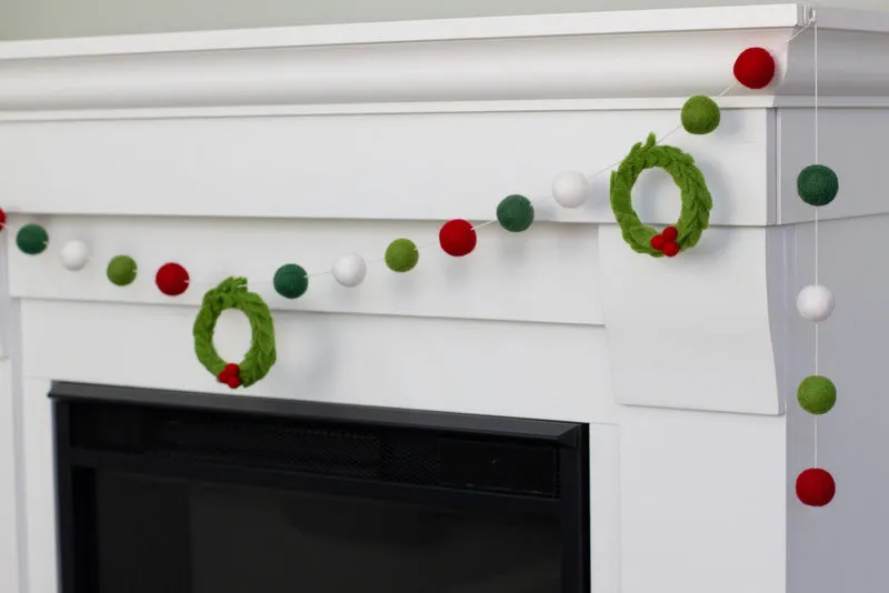 Christmas Wreath Felt Garland- Red, Shades of Green, White