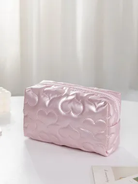 Chrome Pink Heart Quilted Square Makeup Bag Cosmetic Organizer Toiletries Bag