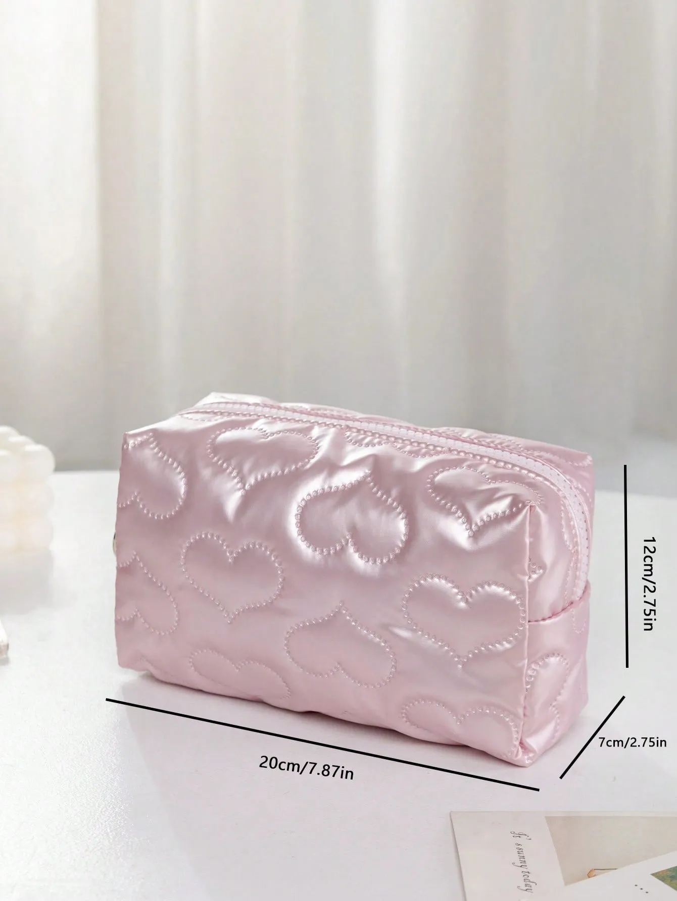 Chrome Pink Heart Quilted Square Makeup Bag Cosmetic Organizer Toiletries Bag