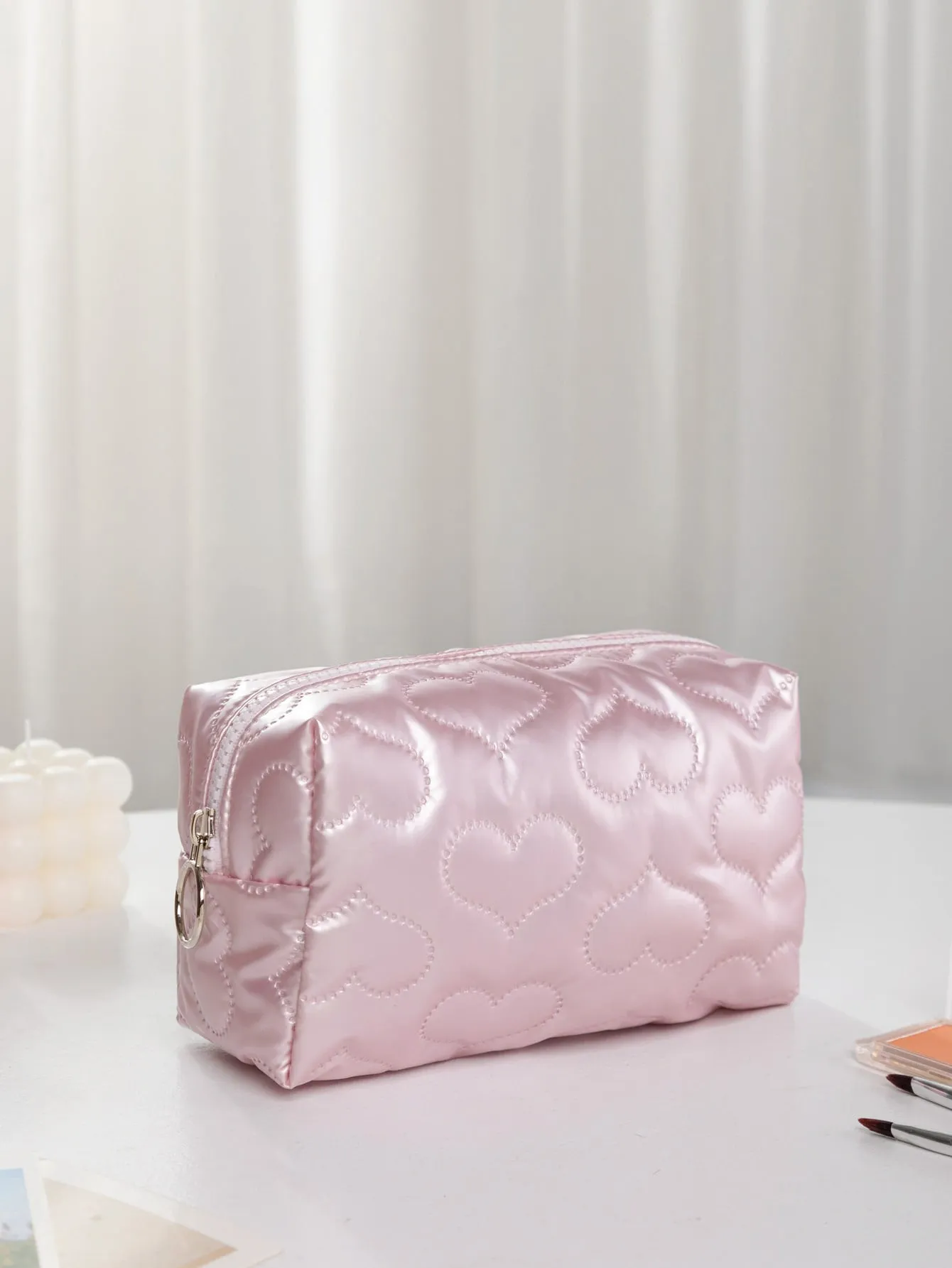 Chrome Pink Heart Quilted Square Makeup Bag Cosmetic Organizer Toiletries Bag