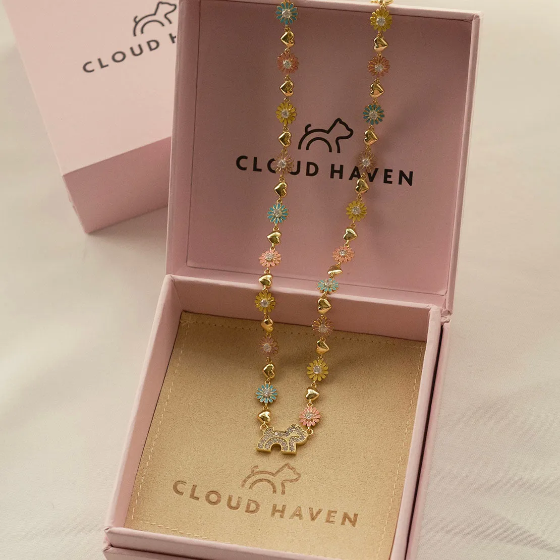 Cloud Haven Crystal Daisy Logo Necklace Rainbow