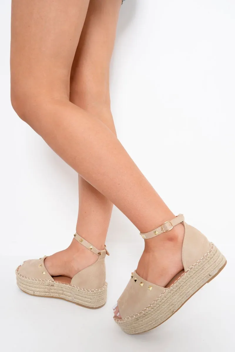 Cream Faux Suede Studded Flatforms - Adabelle