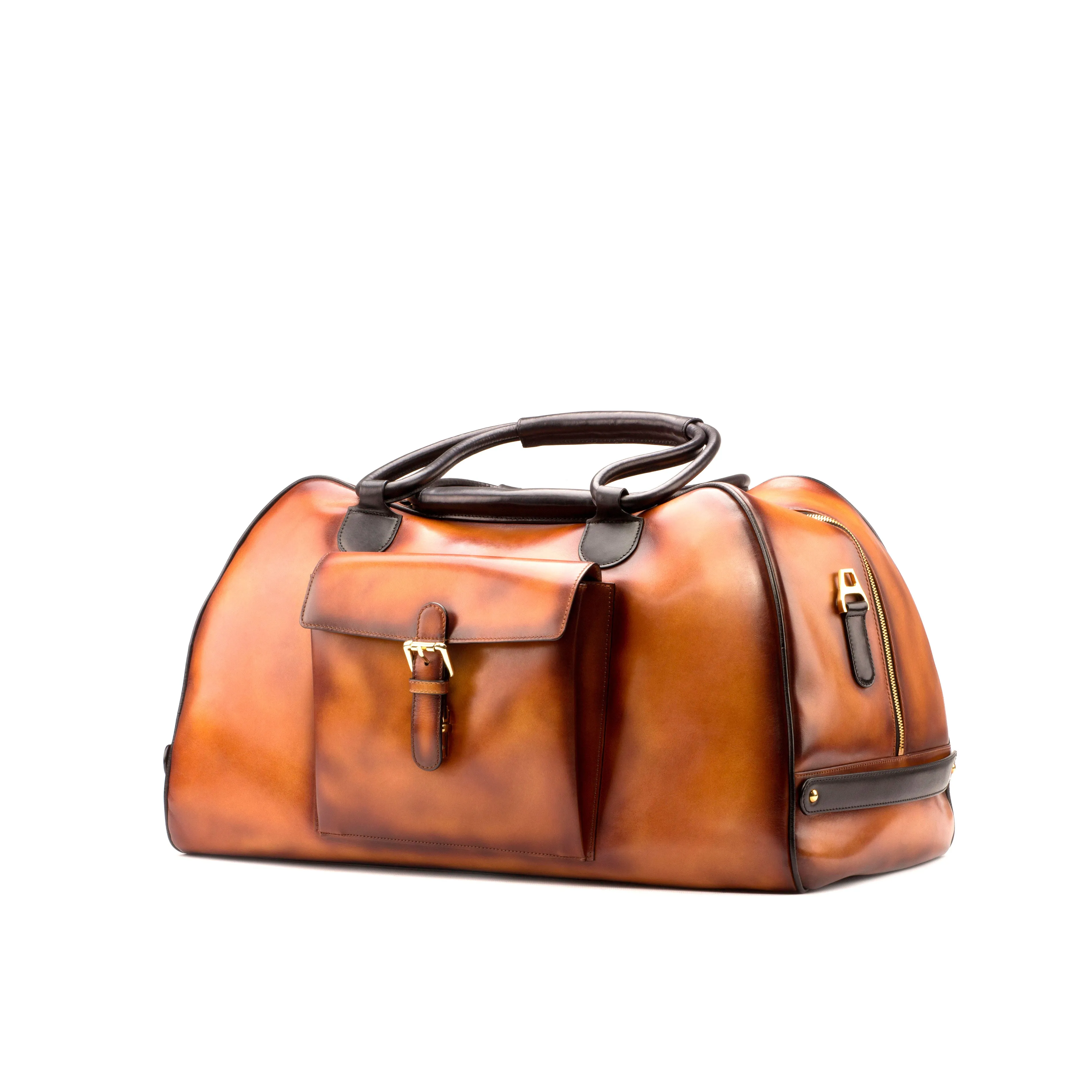 DapperFam Luxe Men's Travel Duffle in Cognac / Black Painted Calf