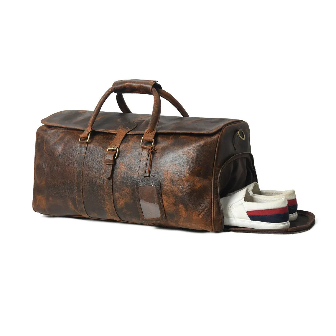 Dazzlo Full Grain Leather Duffle Bag with Shoe Compartment - Distressed Brown - 24"