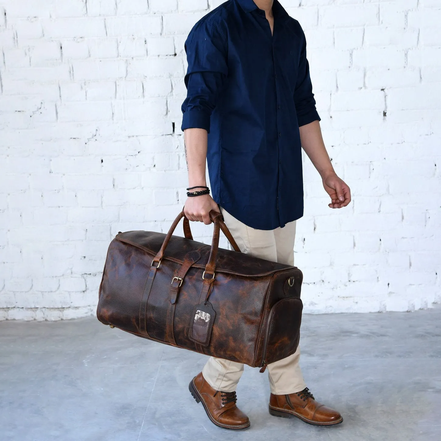 Dazzlo Full Grain Leather Duffle Bag with Shoe Compartment - Distressed Brown - 24"