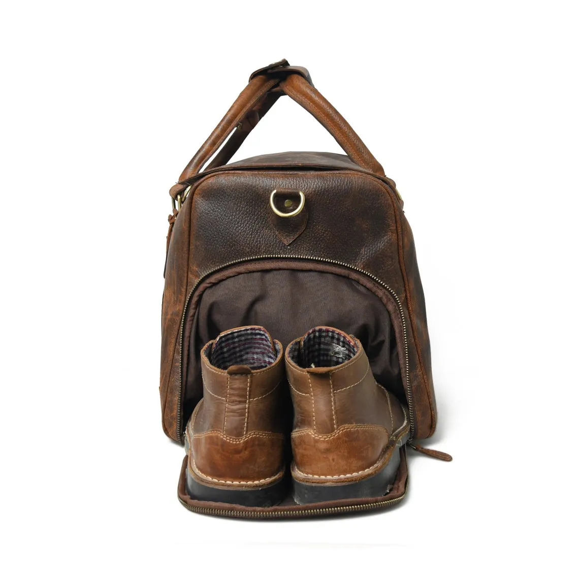 Dazzlo Full Grain Leather Duffle Bag with Shoe Compartment - Distressed Brown - 24"