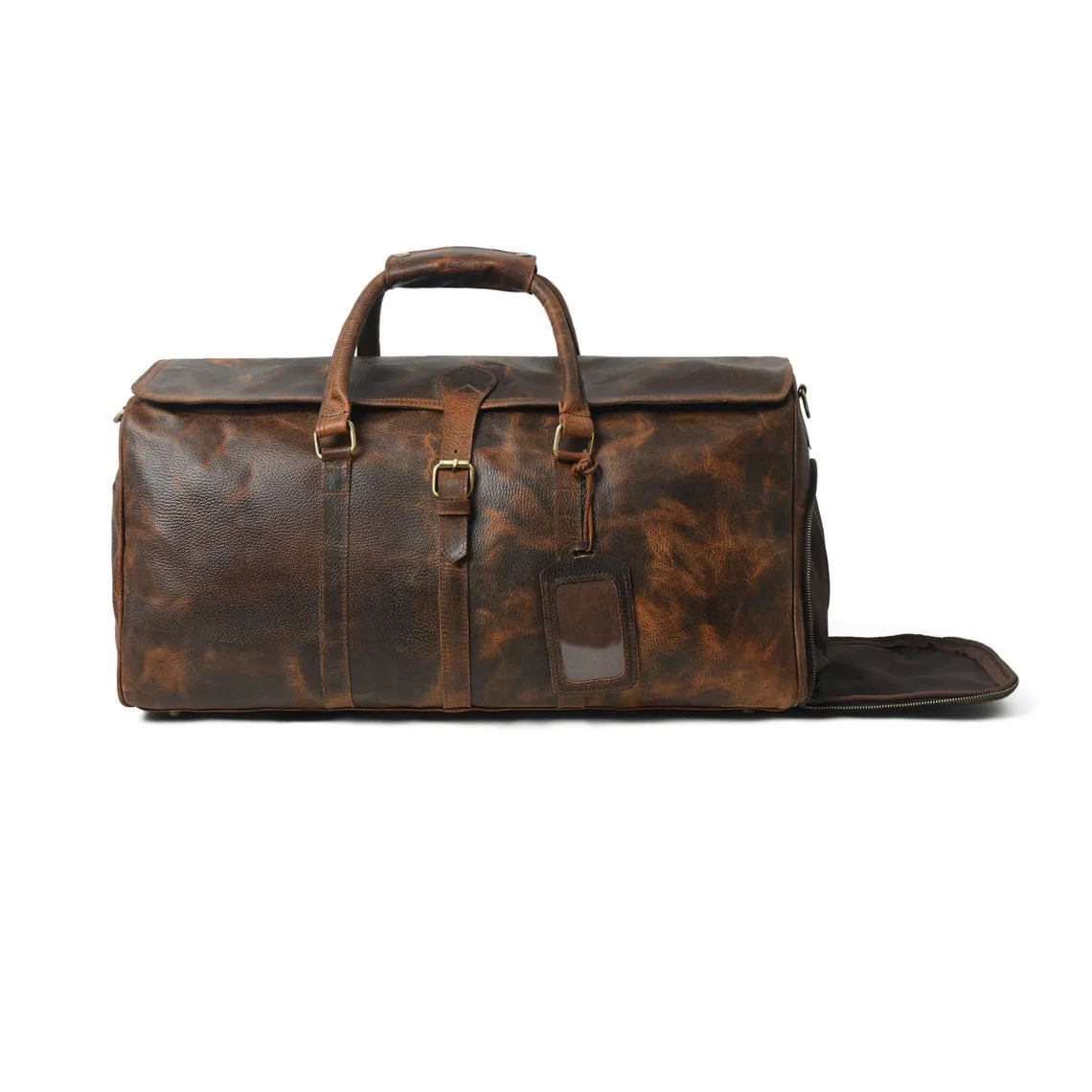 Dazzlo Full Grain Leather Duffle Bag with Shoe Compartment - Distressed Brown - 24"