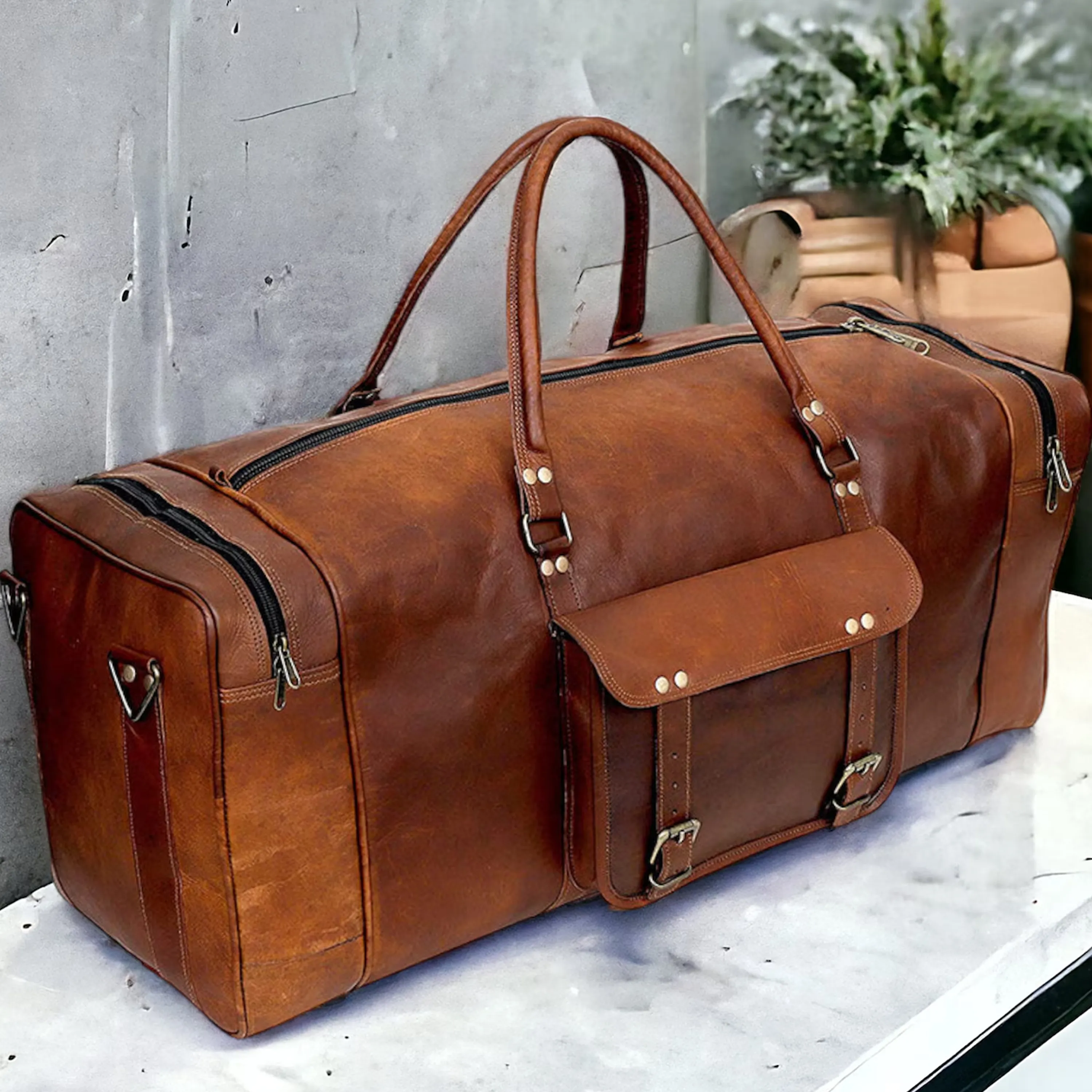 Dazzlo Leather Duffle Bag - Brown (Tan) - 20"/24"/28"