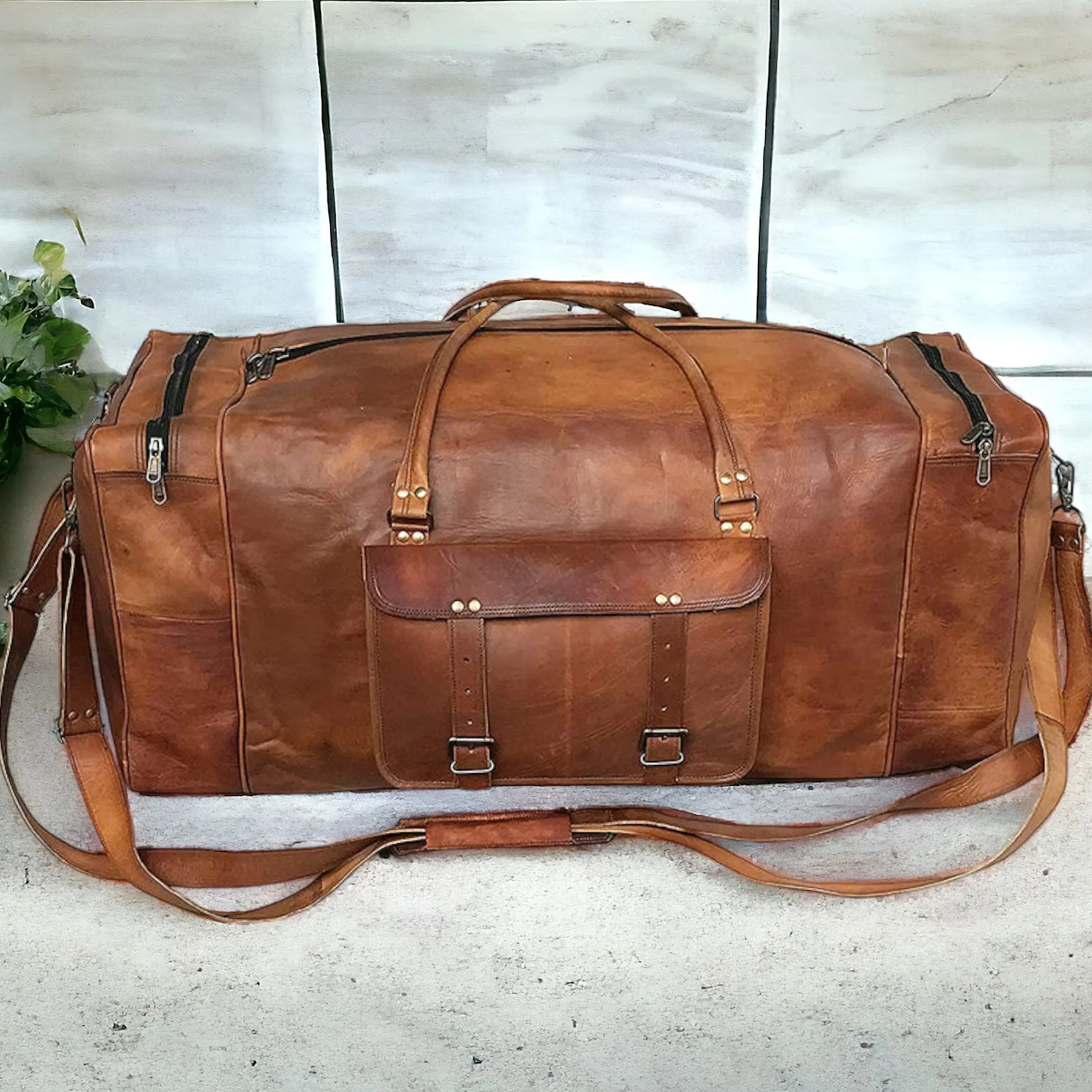 Dazzlo Leather Duffle Bag - Brown (Tan) - 20"/24"/28"