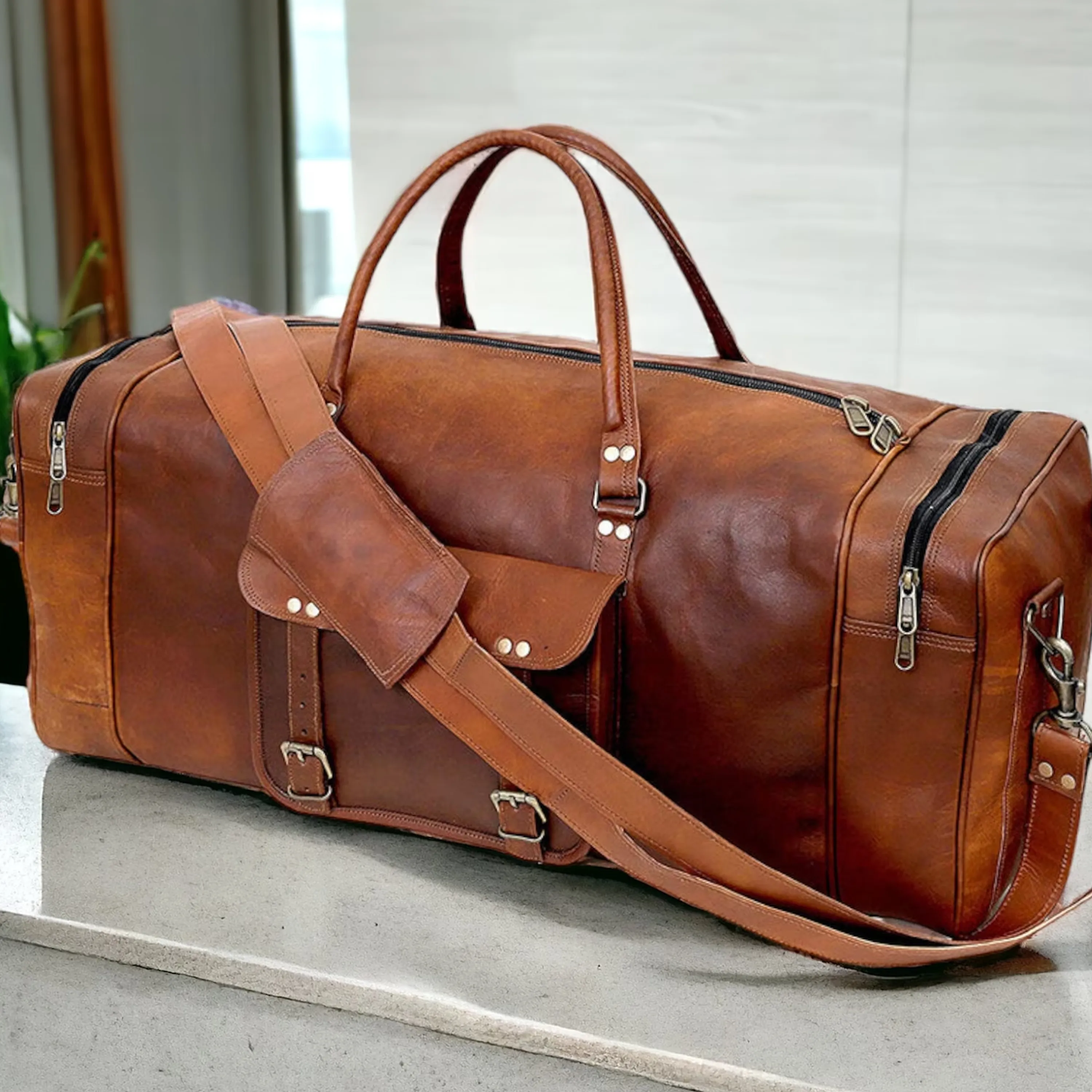 Dazzlo Leather Duffle Bag - Brown (Tan) - 20"/24"/28"