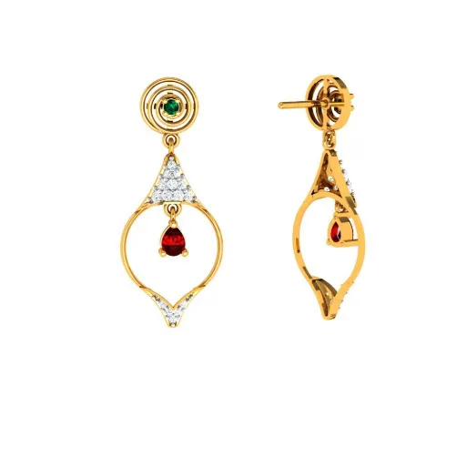 Diamond Studded Drop Dangler With Marvellous Red Stone In 22k Gold Earrings