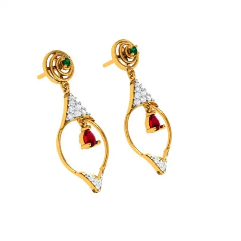 Diamond Studded Drop Dangler With Marvellous Red Stone In 22k Gold Earrings