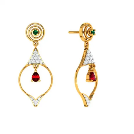 Diamond Studded Drop Dangler With Marvellous Red Stone In 22k Gold Earrings