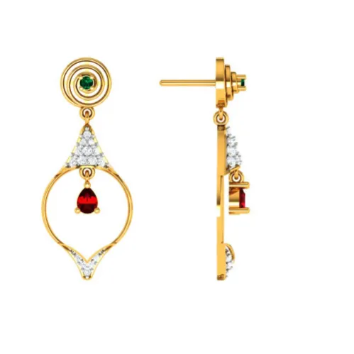 Diamond Studded Drop Dangler With Marvellous Red Stone In 22k Gold Earrings