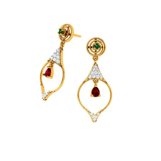 Diamond Studded Drop Dangler With Marvellous Red Stone In 22k Gold Earrings