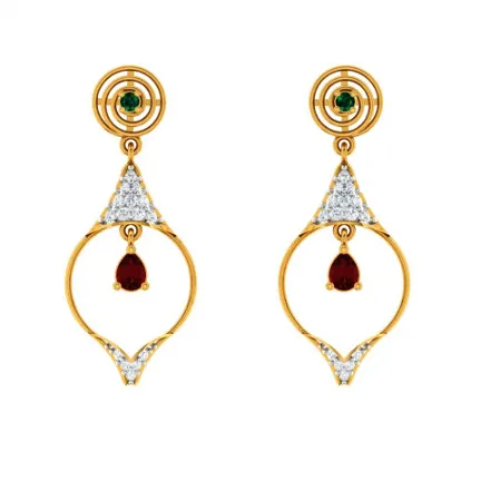 Diamond Studded Drop Dangler With Marvellous Red Stone In 22k Gold Earrings