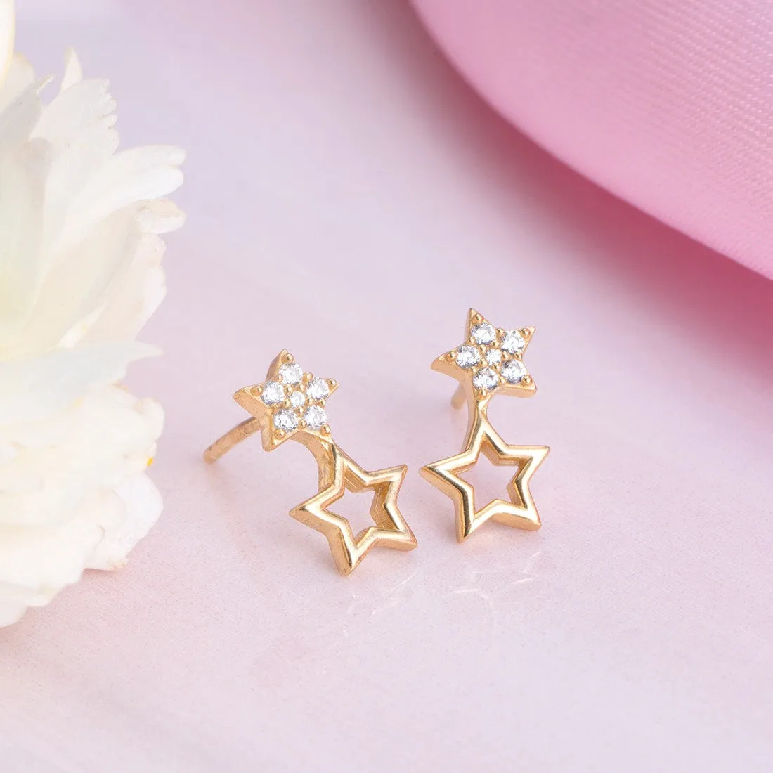 Dual Star CZ Studded 925 Sterling Silver Earring