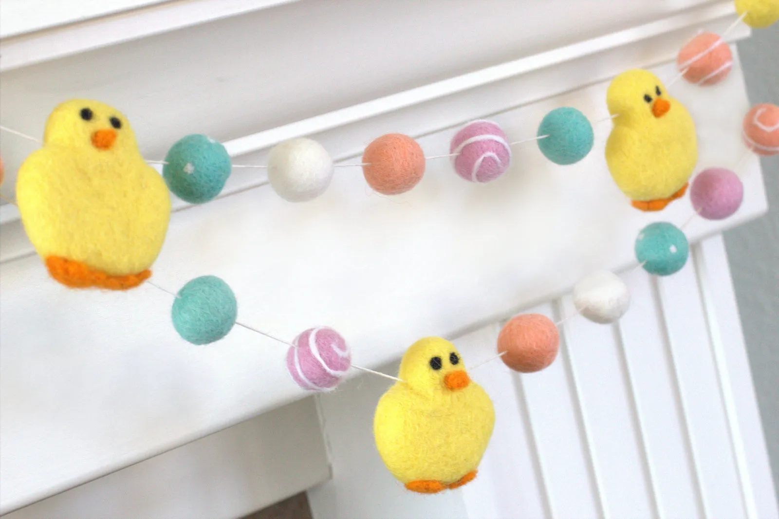 Easter Chick Felt Ball Garland- Pink, Peach, Turquoise, Yellow